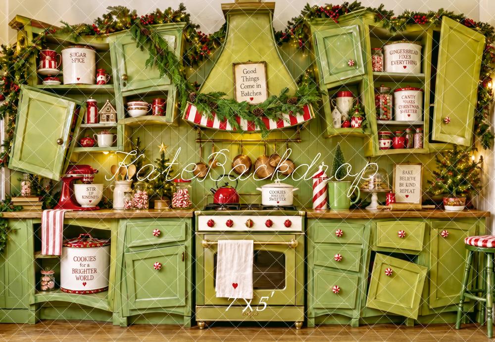 Kate Christmas Whimstical Green Kitchen Cabinet Printed Backdrop Designed by Patty Roberts