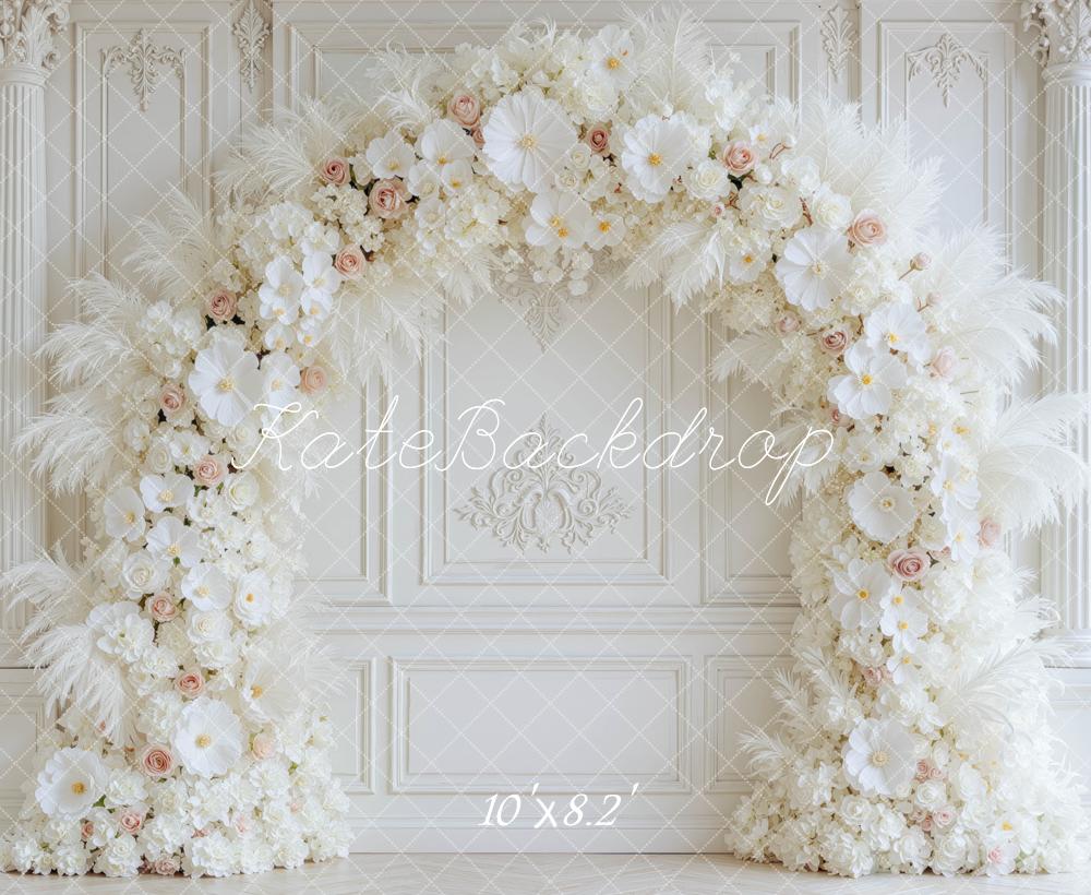 Kate Romantic White Flower Feathers Arch Ornate Wall Printed Backdrop Designed by Mini MakeBelieve