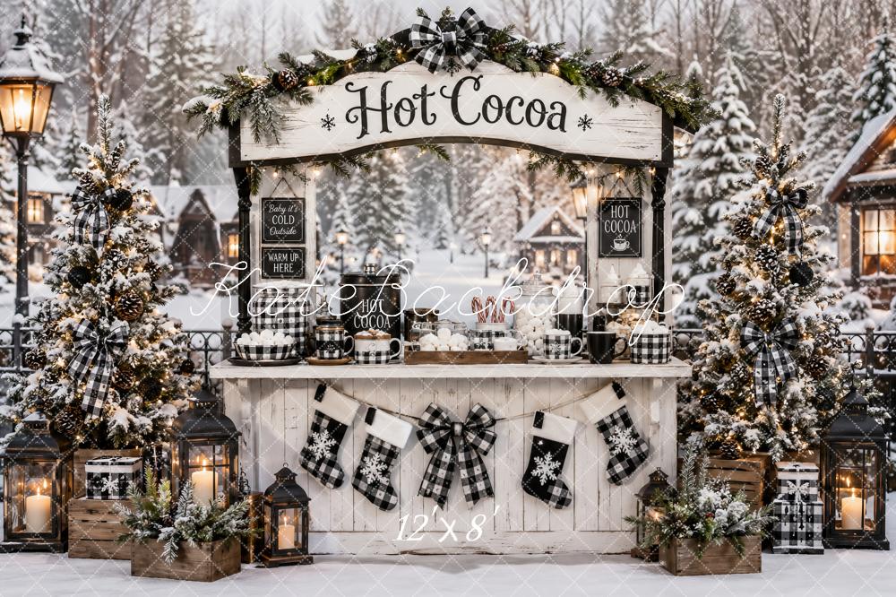 Kate Christmas Black Plaid Hot Cocoa Stand Snowy Forest Printed Backdrop Designed by Ashley Paul