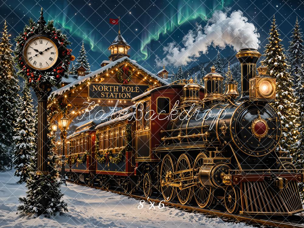 Kate Christmas Polar Train North Pole Station Snowy Trees Printed Backdrop Designed by Emetselch