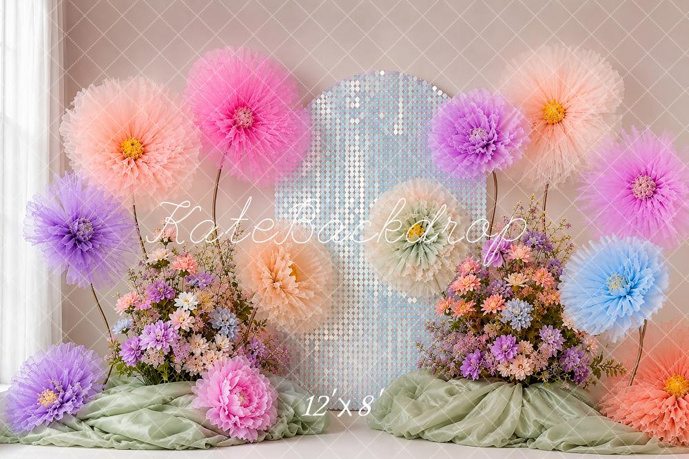 Kate Cake Smash Pastel Paper Flowers Sequin Arch Printed Backdrop Designed by Shutter Swan Studios