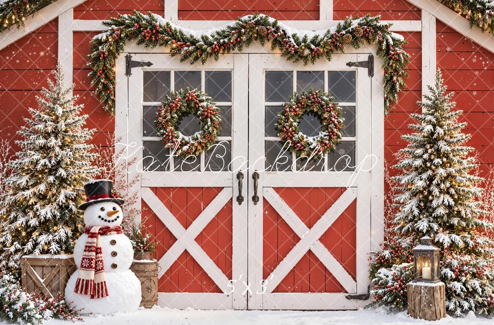 Kate Christmas Red Barn Snowman Pine Trees Printed Backdrop Designed by Emetselch