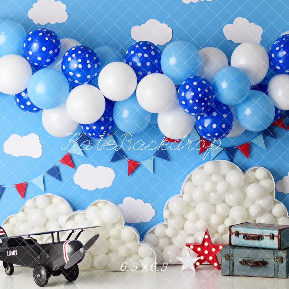 Kate Cake Smash Airplane Clouds Balloons Blue Sky Printed Backdrop Designed by Mandy Ringe Photography