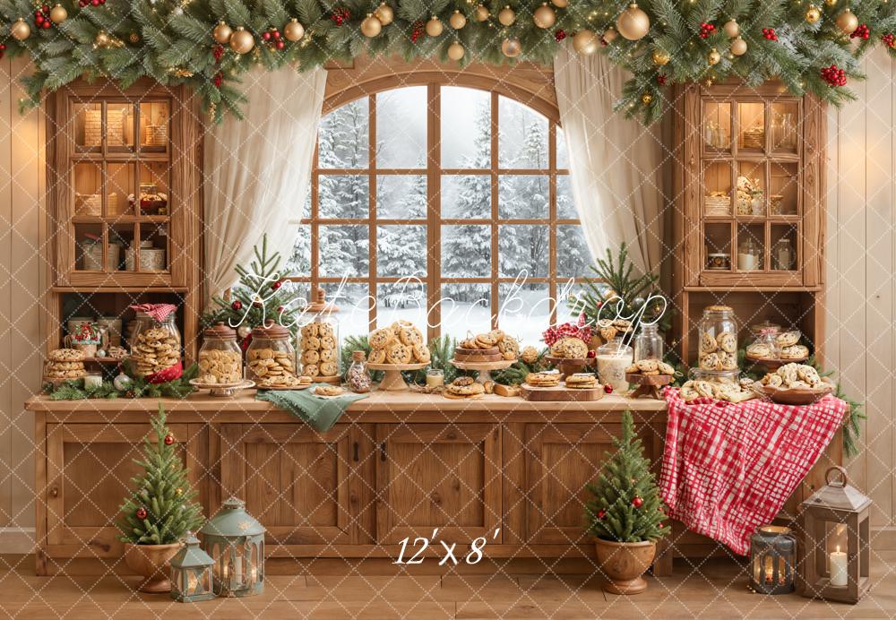 Kate Christmas Kitchen Cookie Wooden Cabinet Pine Garland Window Backdrop Designed by Emetselch