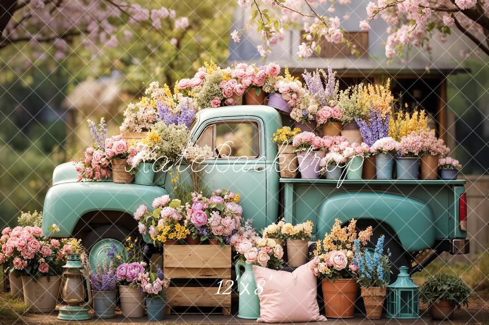 Kate Spring Vintage Truck Flower Pots Garden Printed Backdrop Designed by Emetselch