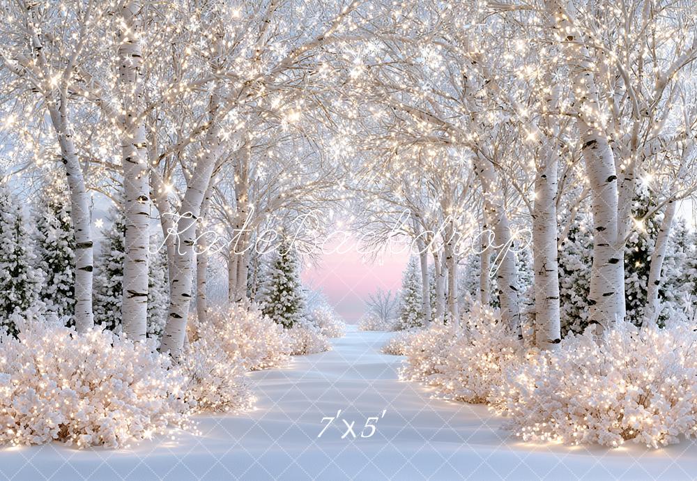 Kate Winter Wonderland Snowy Birch Forest Lights Path Printed Backdrop Designed by Angela Miller
