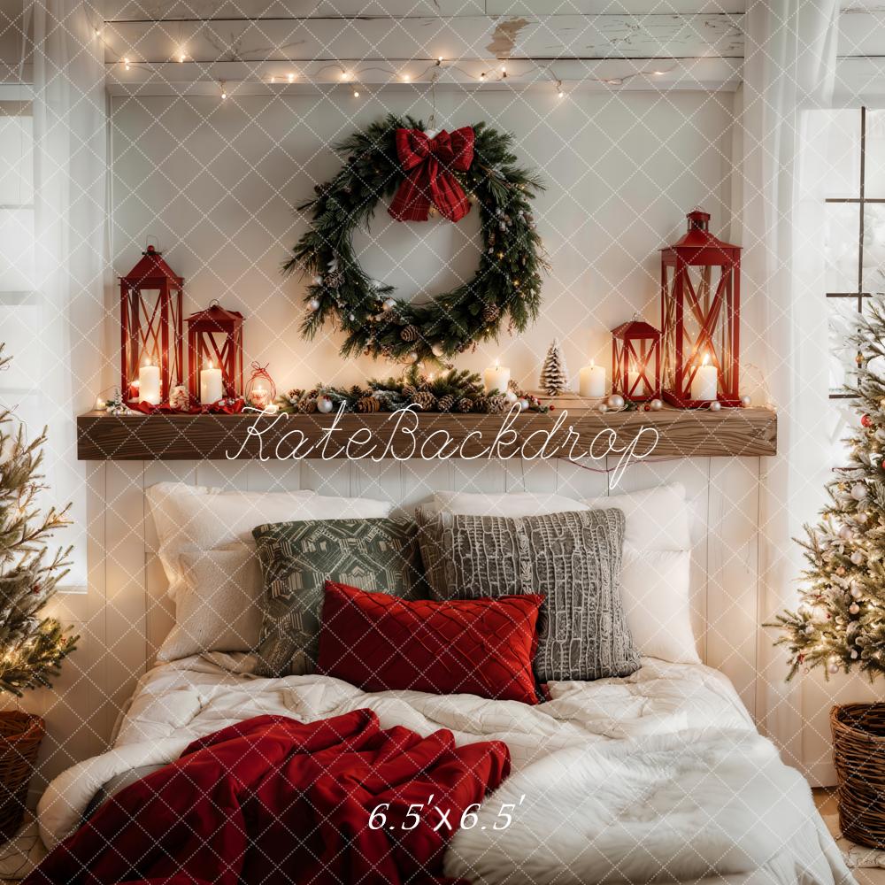 Kate Christmas Bedroom Wreath Lanterns Trees White Backdrop Designed by Emetselch