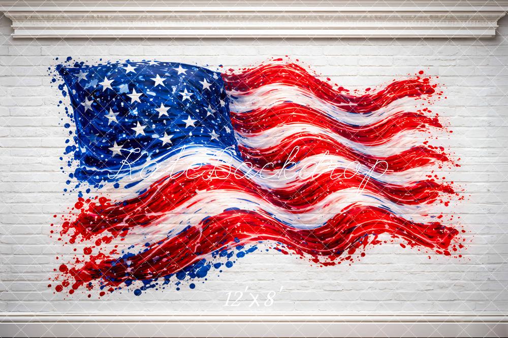 Kate Fourth Of July American Flag Paint Splash on White Brick Wall Printed Backdrop Designed by Mini MakeBelieve