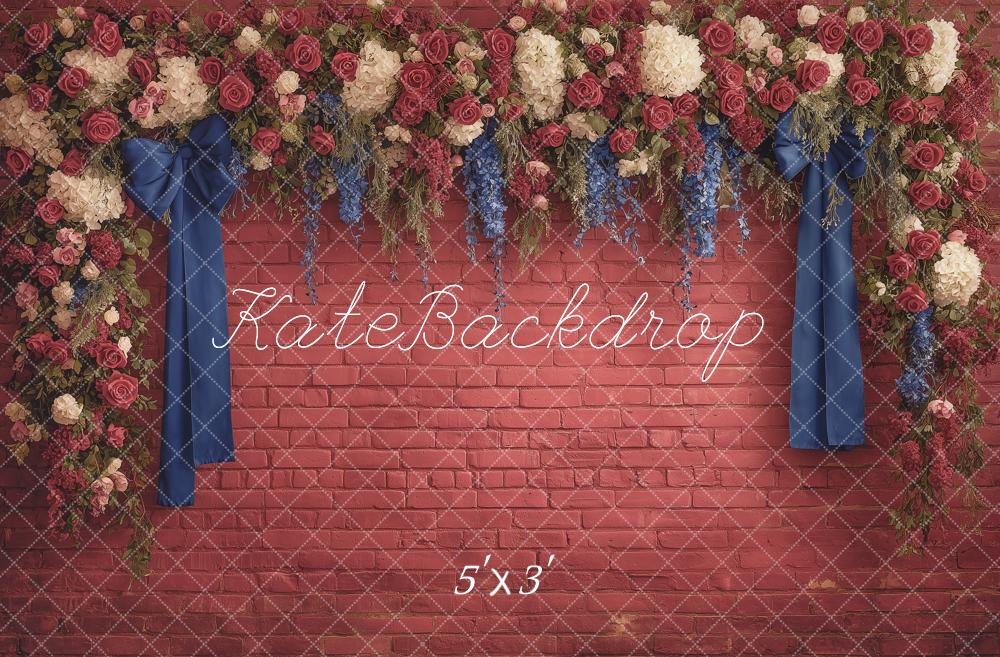 Kate Independence Day Flower Arch Red Brick Blue Ribbon Printed Backdrop Designed by Angela Miller