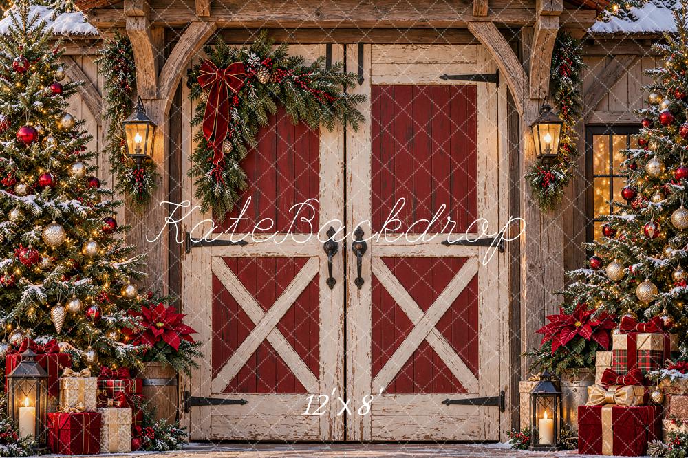 Kate Christmas Rustic Red Barn Door Christmas Trees Gifts Printed Backdrop Designed by Shutter Swan Studios