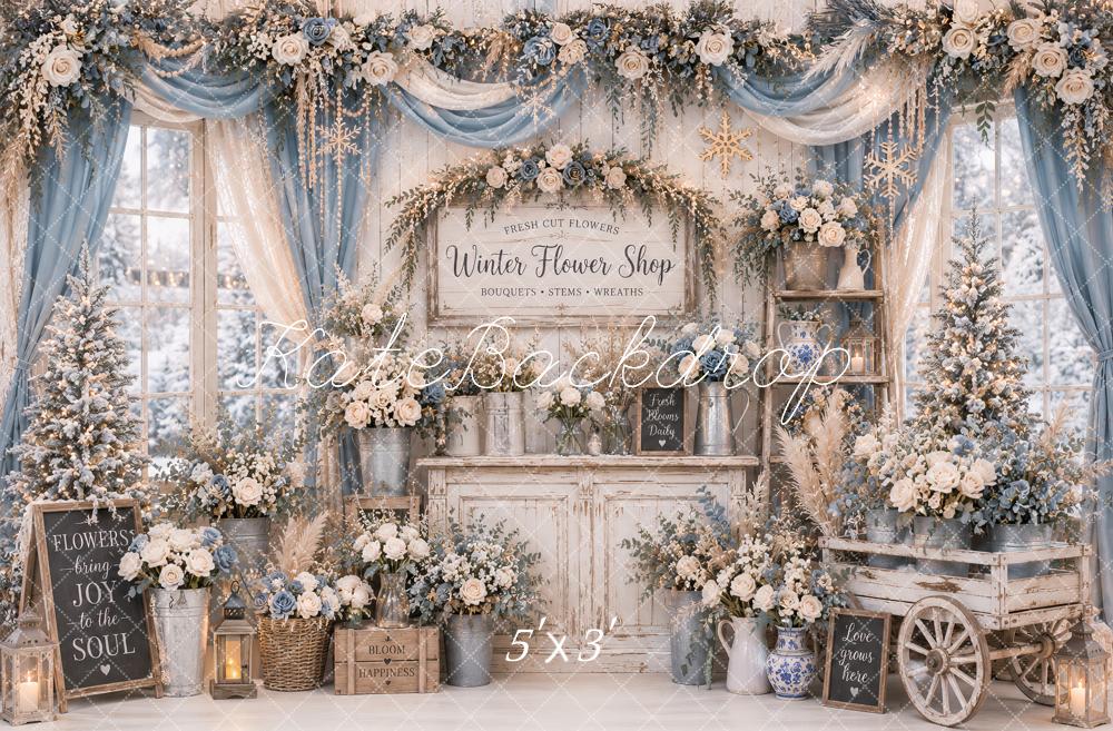 Kate Winter Flower Shop Blue Floral Cart Garland Drapes Printed Backdrop Designed by Ashley Paul