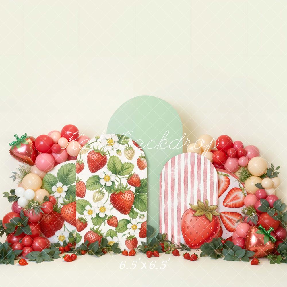 Kate Cake Smash Strawberry Balloon Arch Greenery Printed Backdrop Designed by Emetselch