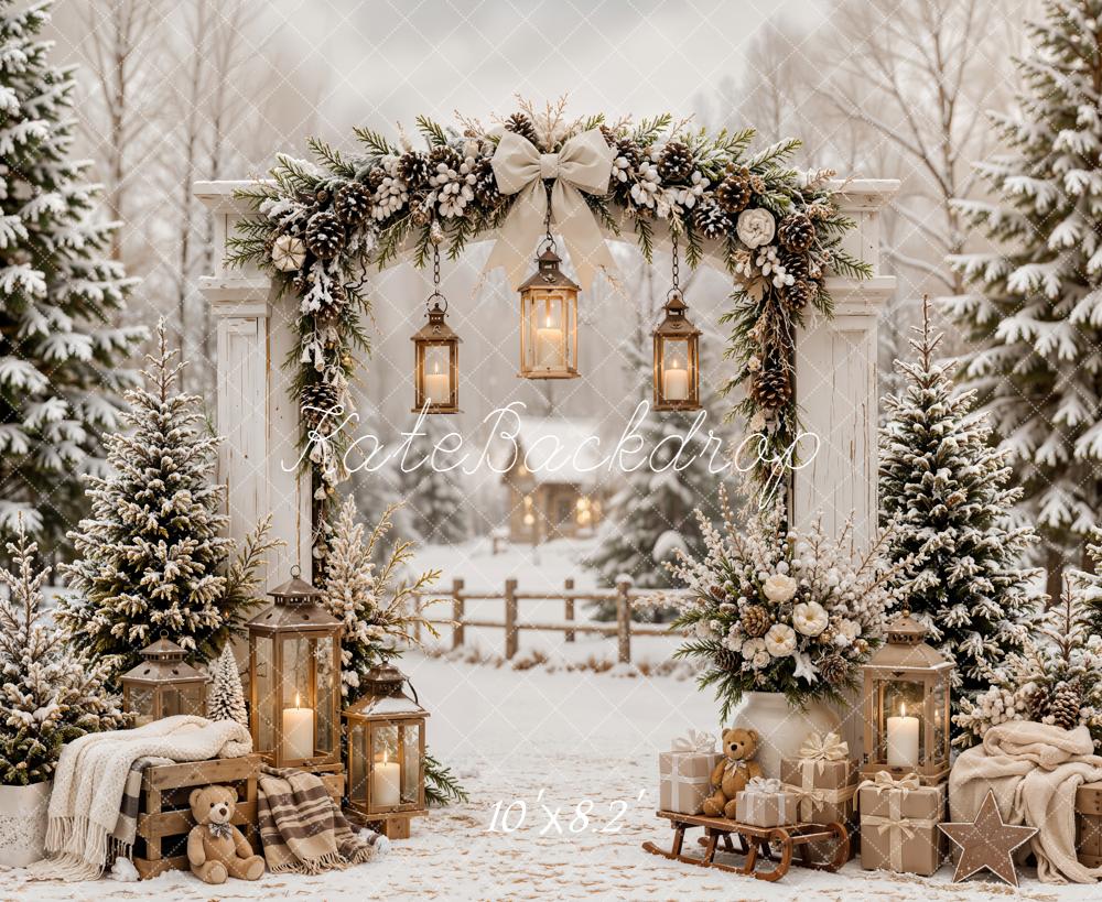 Kate Christmas Snowy Forest Arch Lanterns Gifts Sled Plaid Printed Backdrop Designed by Emetselch