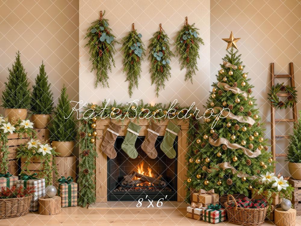 Kate Christmas Tree Rustic Fireplace Greenery Stockings Gifts Printed Backdrop Designed by Mini MakeBelieve