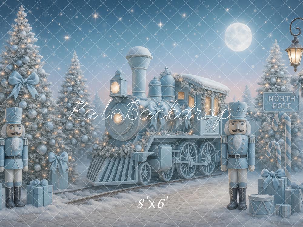 Kate Christmas Polar Train Nutcracker Blue Trees Snowy Backdrop Designed by Ashley Paul