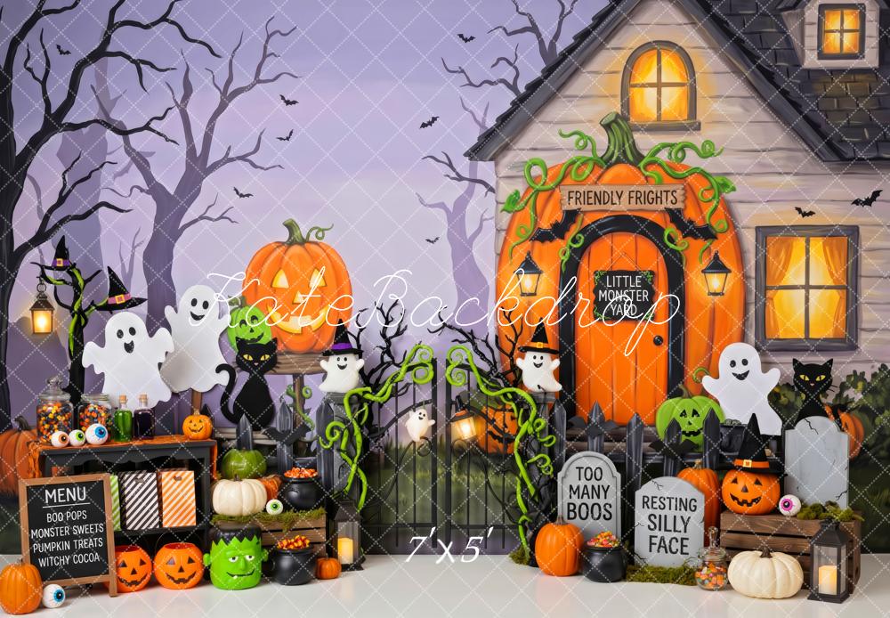 Kate Halloween Trick Or Treat Haunted House Pumpkins Ghosts Printed Backdrop Designed by Patty Roberts