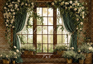 Kate Spring Flower Arch Window Green Curtains Brick Wall Printed Backdrop Designed by Emetselch