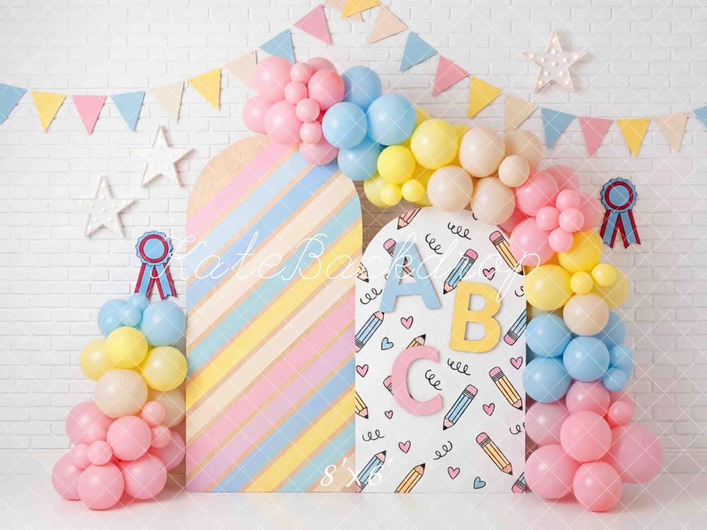Kate Back to School ABC Balloons Pastel Stripes Printed Backdrop Designed by Mini MakeBelieve