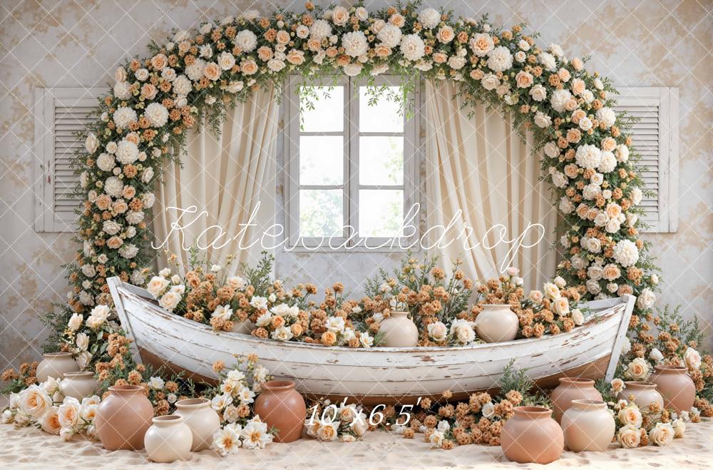 Kate Flower Arch Boat Window Vases Beige Floral Printed Backdrop Designed by Mini MakeBelieve