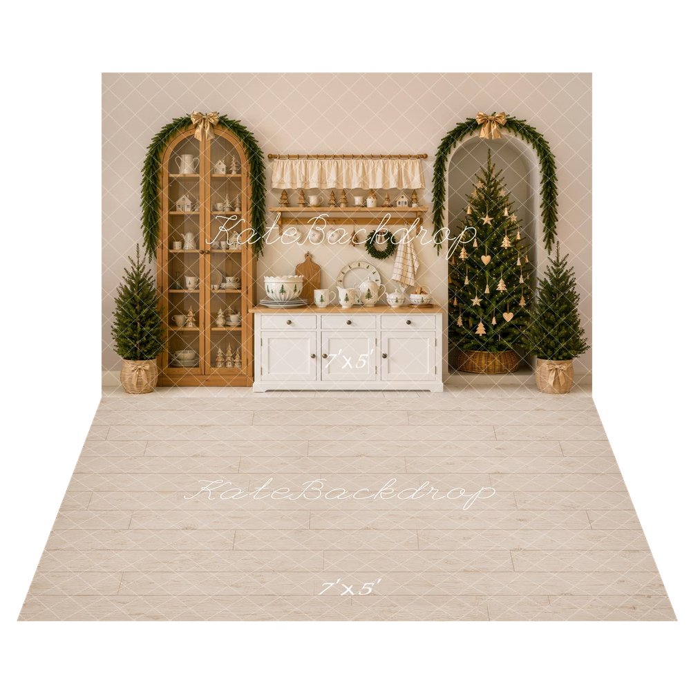 Kate Christmas Tree Modern Kitchen Cabinet Garland Gold Bow Printed Backdrop+Beige Wood Plank Floor Printed Backdrop