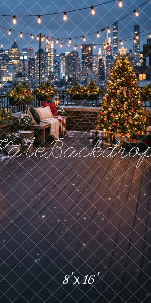 Kate Sweep Christmas Tree City Skyline Rooftop Printed Backdrop Designed by Patty Roberts