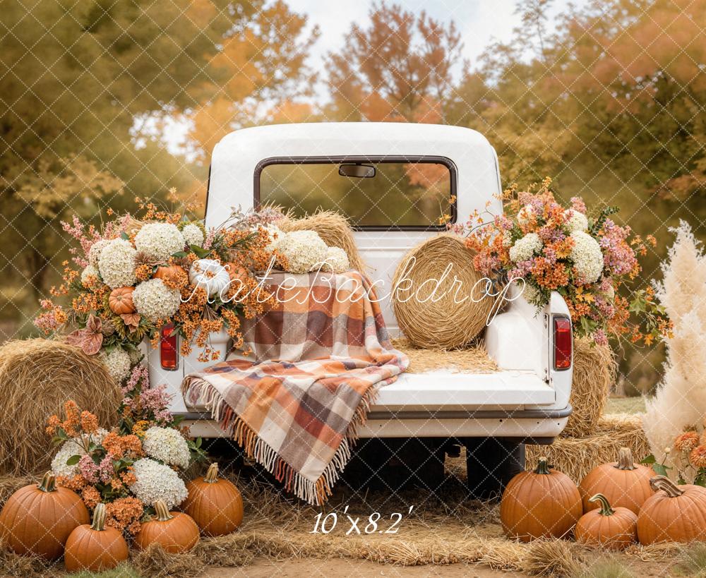 Kate Fall White Truck Pumpkins Hay Bales Flowers Printed Backdrop Designed by Emetselch