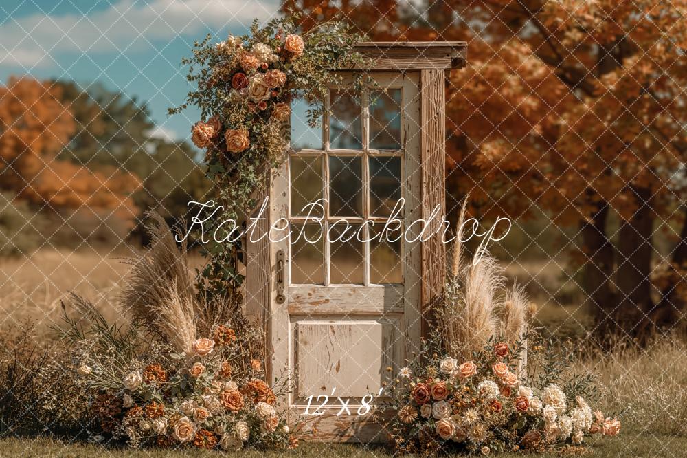 Kate Fall Outdoor Floral Vintage Door Pampas Grass Backdrop Designed by Emetselch