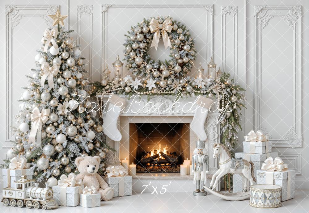 Kate Christmas Tree White Fireplace Wreath Toys Vintage Wall Printed Backdrop Designed by Mini MakeBelieve