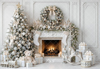 Kate Christmas Tree White Fireplace Wreath Toys Vintage Wall Printed Backdrop Designed by Mini MakeBelieve
