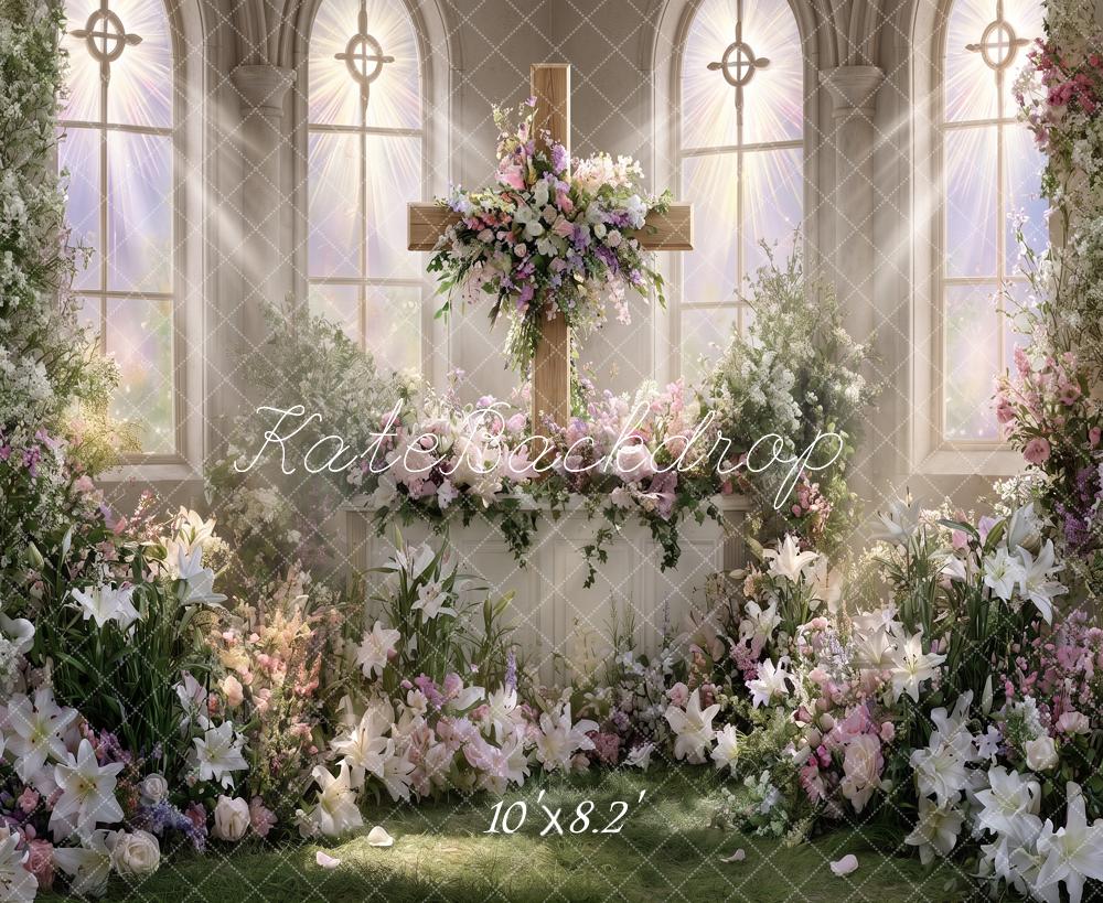 Kate Church Stage Cross Wedding Floral Window Printed Backdrop Designed by Angela Miller