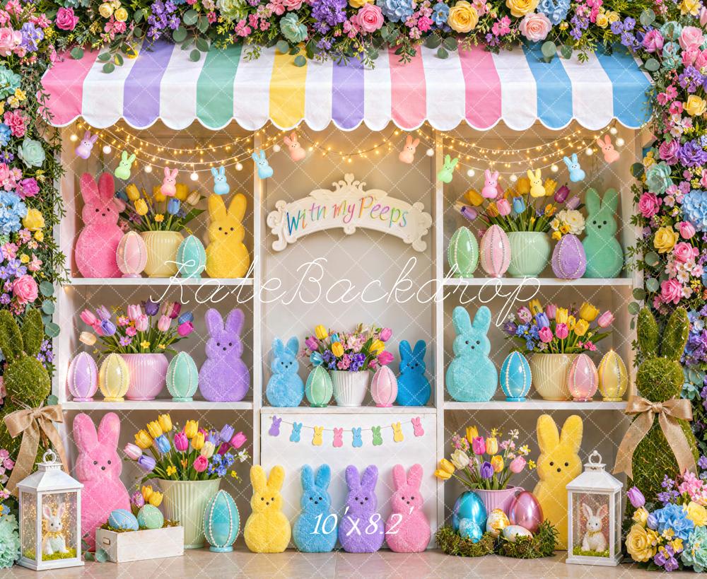 Kate Easter Flower Pastel Bunny Shop Eggs Colorful Printed Backdrop Designed by Mini MakeBelieve