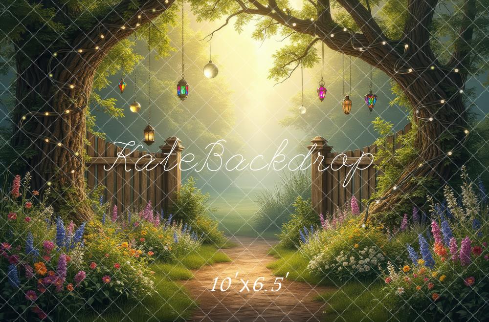 Kate Fairy Fantasy Garden Trees Lanterns Path Printed Backdrop Designed by Laura Bybee