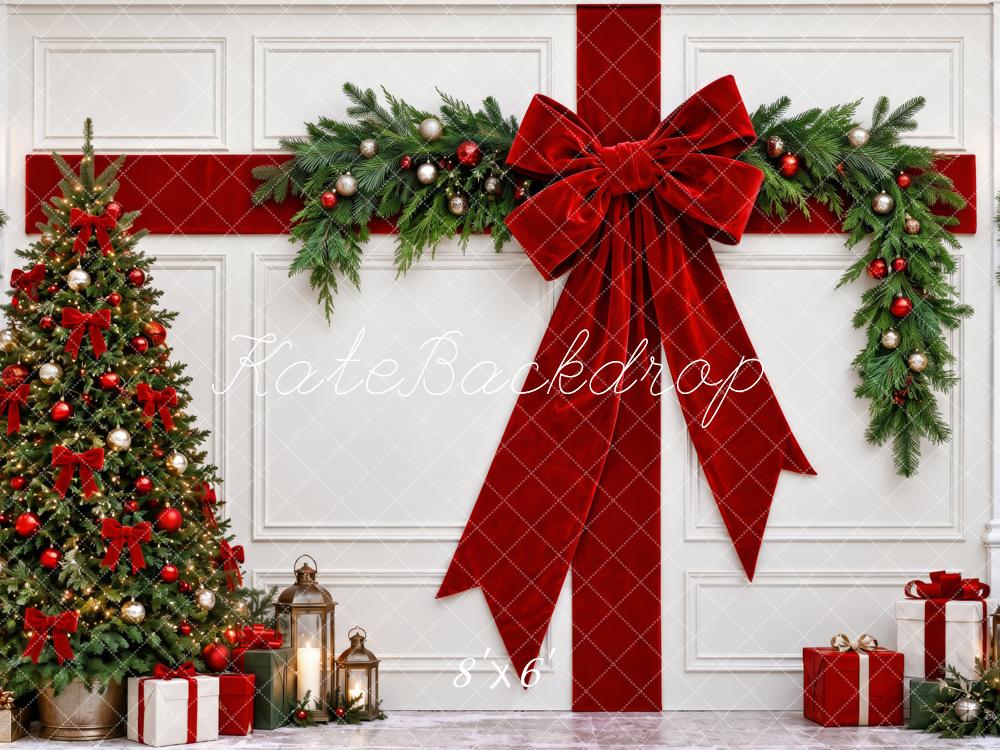 Kate Christmas Tree Red Bow Garland White Wall Gift Printed Backdrop Designed by Patty Roberts