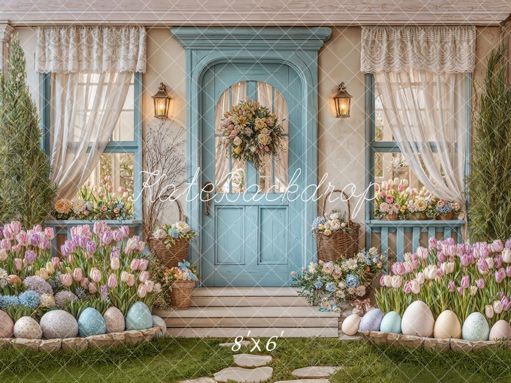 Kate Easter Pastel Eggs Tulips Blue Porch Door Backdrop Designed by Emetselch