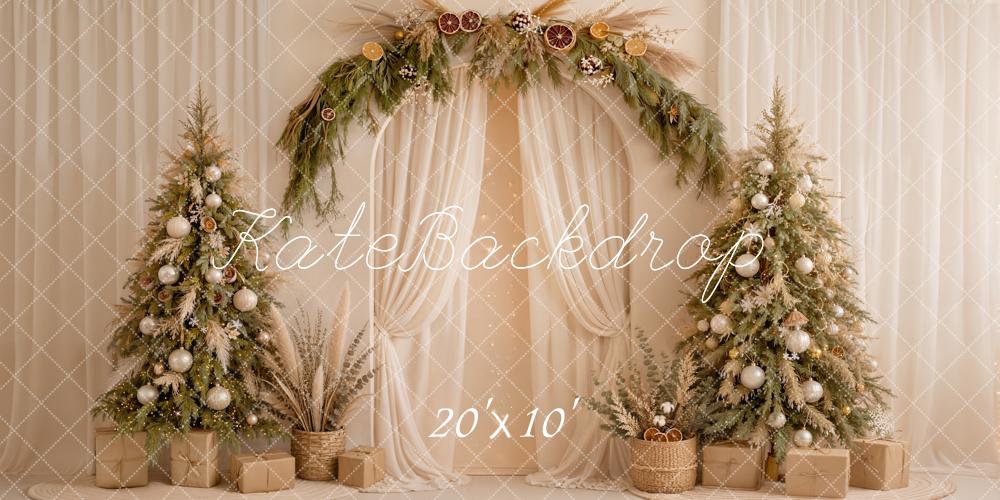 Kate Christmas Boho Flower Arch Cream Drapes Neutral Trees Printed Backdrop Designed by Emetselch