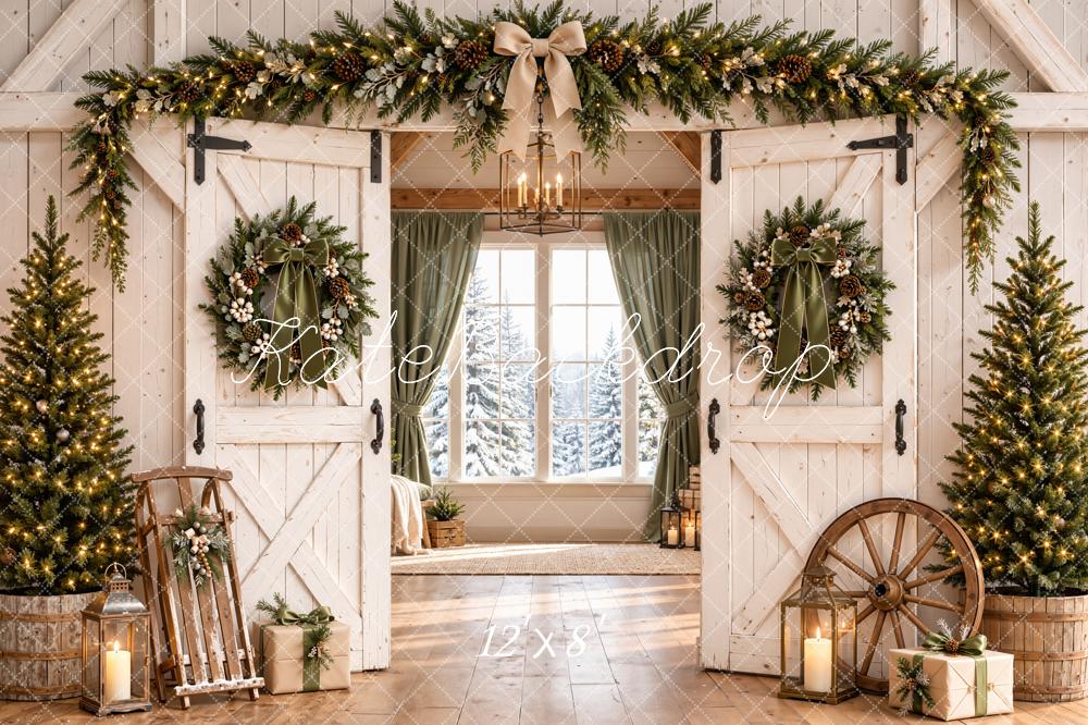 Kate Christmas Farmhouse White Barn Doors Wreaths Trees Printed Backdrop Designed by Emetselch