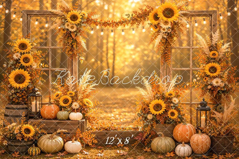 Kate Fall Forest Sunflower Pumpkins Arch Window Door Printed Backdrop Designed by Emetselch