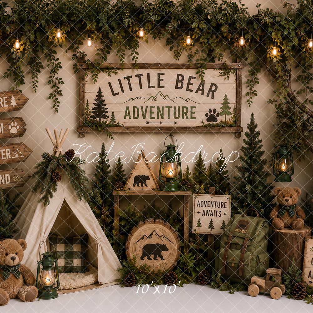 Kate Kids Birthday Forest Adventure Camping Teepee Bear Printed Backdrop Designed by Ashley Paul