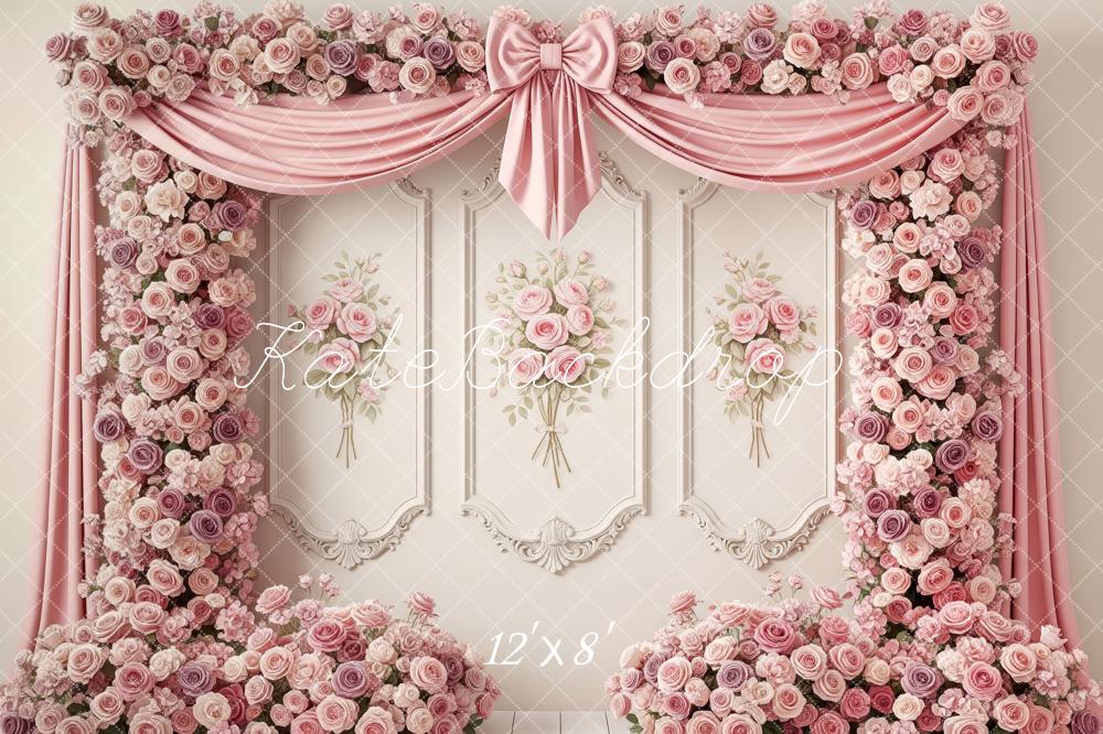 Kate Flower Arch Pink Roses Bow Curtains Backdrop Designed by Patty Roberts