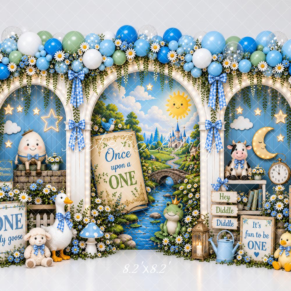 Kate 1st Birthday Nursery Storybook Balloon Arch Goose Blue Printed Backdrop Designed by Ashley Paul