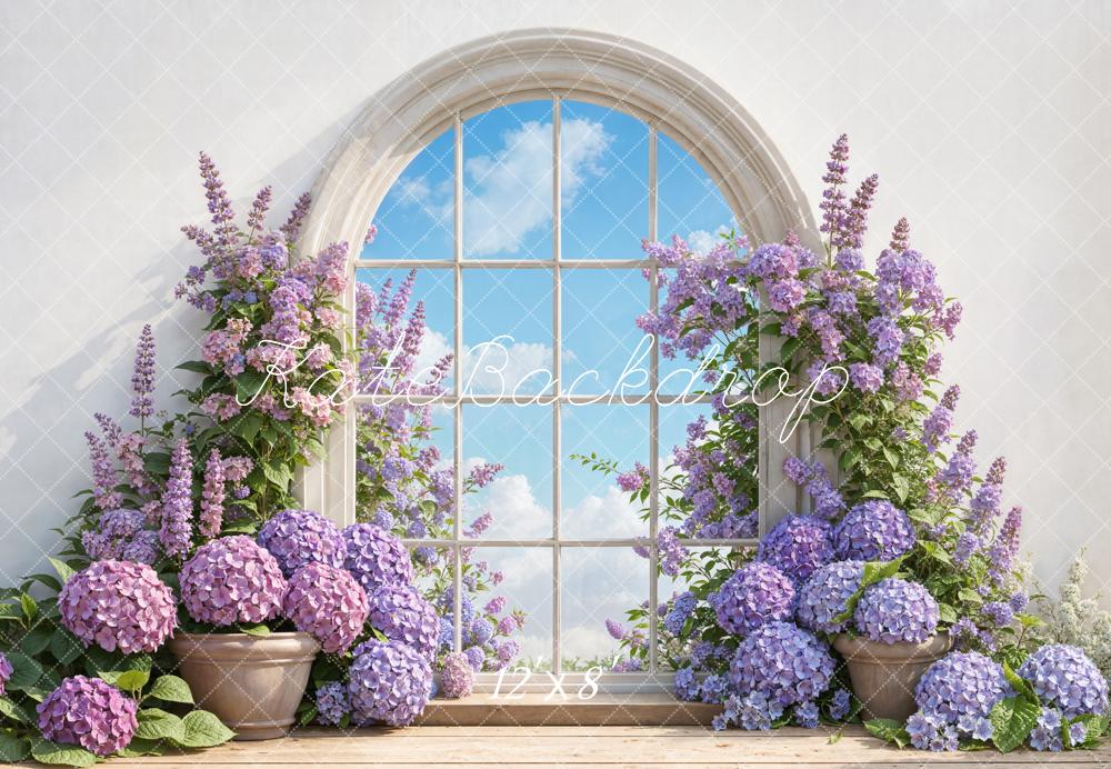 Kate Spring Purple Flower Arched Window Sky Backdrop Designed by Emetselch