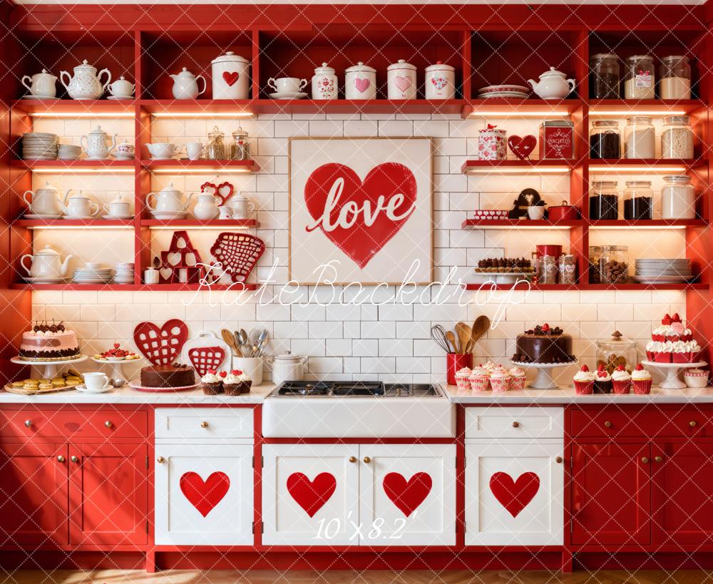 Kate Valentine Red Heart Kitchen Cabinet Shelves Cakes Backdrop Designed by Emetselch