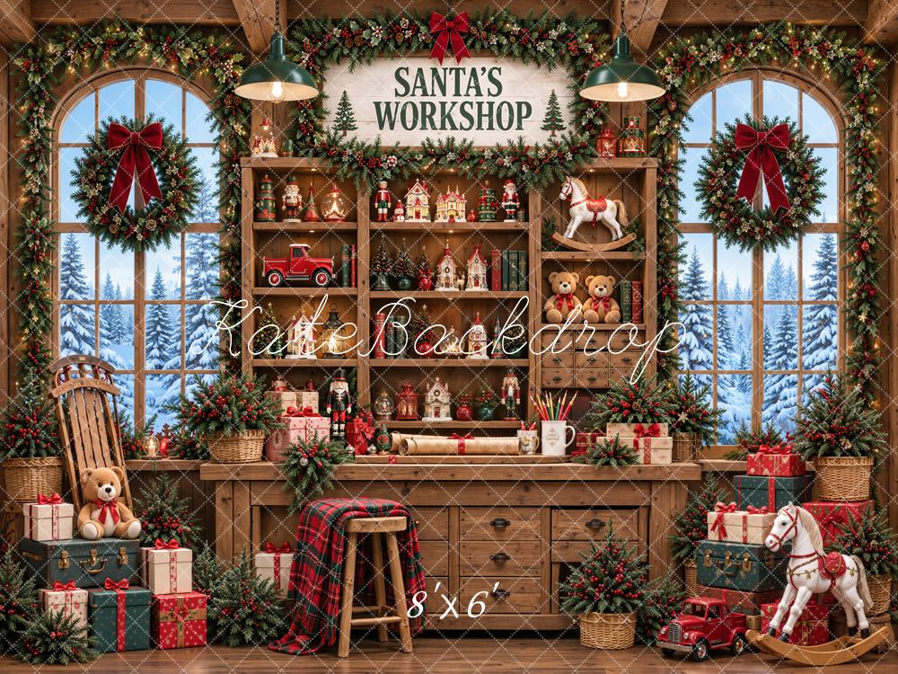 Kate Christmas Santa's Workshop Rustic Toy Cabinet Window Wood Printed Backdrop Designed by Emetselch