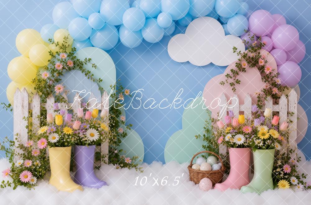 Kate Easter Rain Boots Floral Balloon Arch Picket Fence Printed Backdrop Designed by Ashley Ward