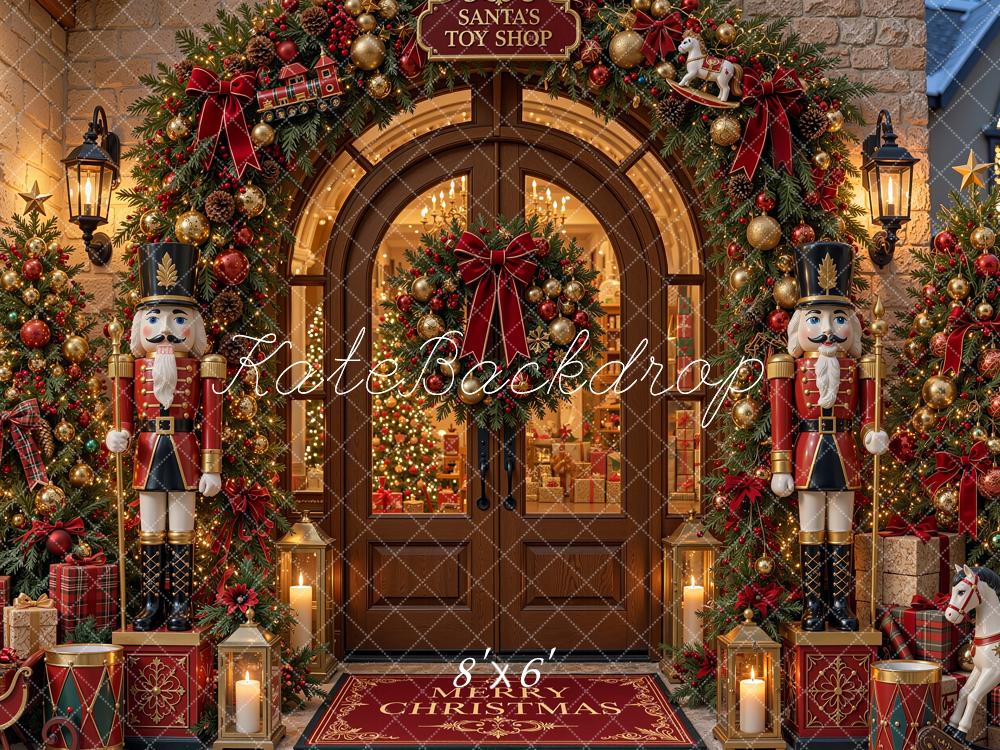 Kate Christmas Toy Shop Doorway Nutcracker Garland Trees Printed Backdrop Designed by Shutter Swan Studios