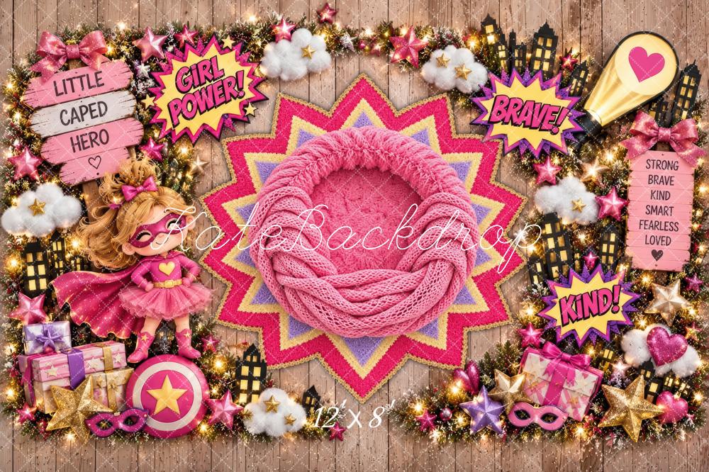 Kate Newborn Pink Girl SuperHero Gifts Printed Backdrop Designed by Laura Bybee