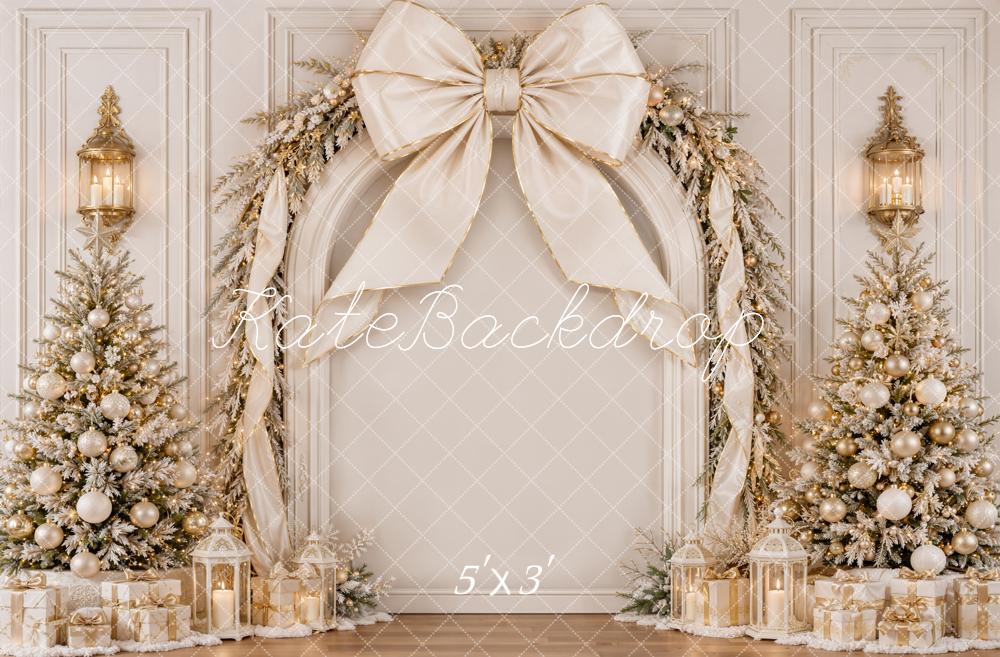 Kate Christmas White Gold Bow Luxury Trees Garland Printed Backdrop Designed by Emetselch