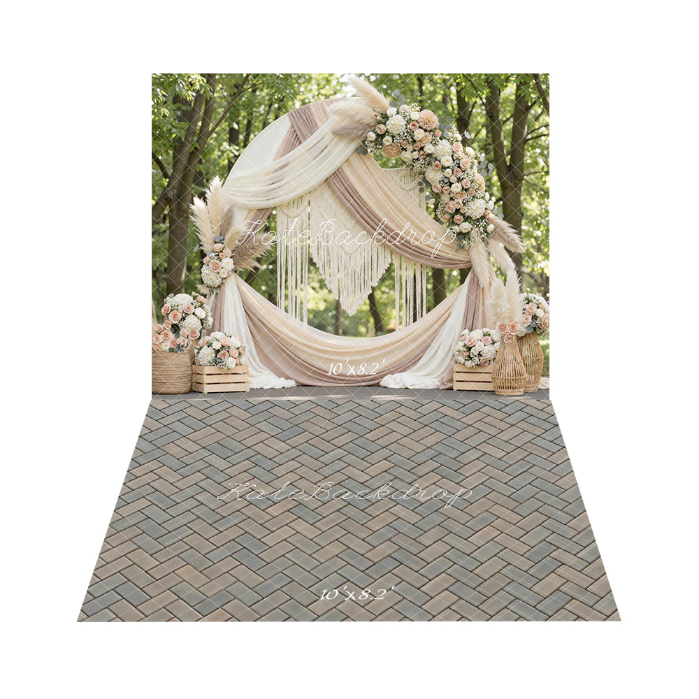 Kate Boho Flower Arch Macrame Pampas Grass Backdrop+Herringbone Pattern Beige Gray Floor Backdrop