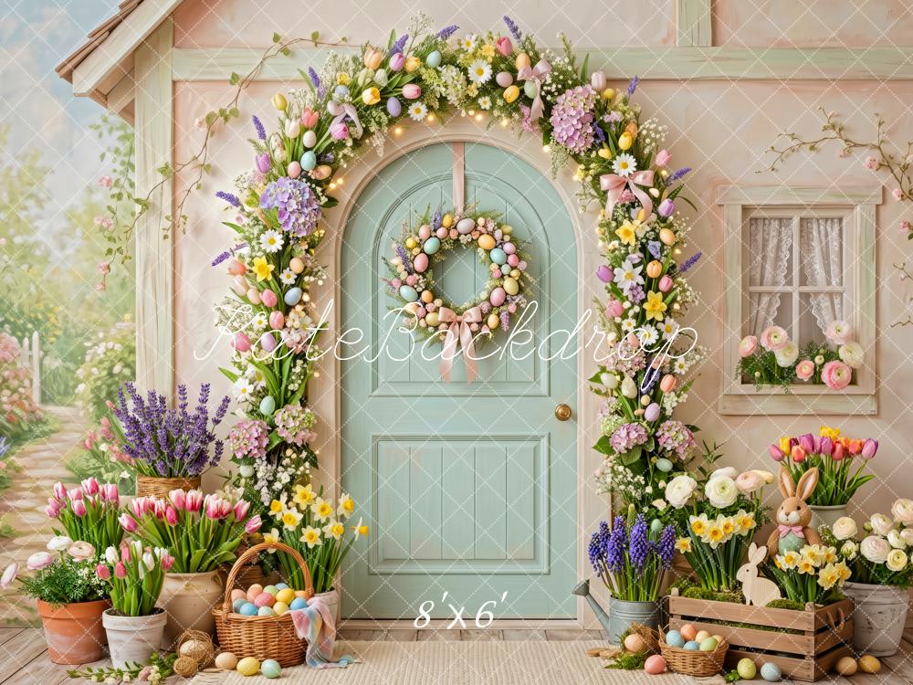 Kate Easter Bunny Flower Arch Tulips Pastel Doorway Printed Backdrop Designed by Patty Roberts