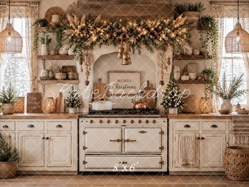 Kate Christmas Kitchen Boho Farmhouse Garland White Cabinet Printed Backdrop Designed by Ashley Paul